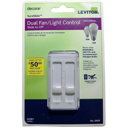 Leviton Leviton 3001339 Decora Sureslide Fan & LED Dimmer Slide Switch; Ivory 3001339